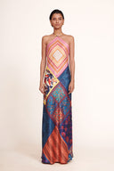 Halter patchwork maxi dress in pink, blue, and orange with diamond motif skirt