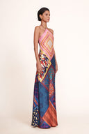 Patchwork halter maxi dress with pink and blue diamond pattern and multicolor panels