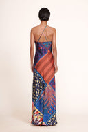 Backless patchwork maxi dress with crisscross halter straps and blue-pink diamond panels