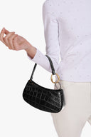 Black croc-embossed mini hobo bag with top handle and gold-tone clasp