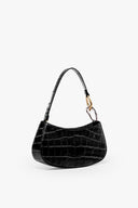 Black croc-embossed hobo bag with curved handle and gold-tone hardware