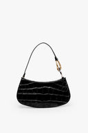 Black croc-embossed hobo bag front view with curved top handle