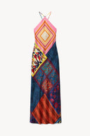 Patchwork maxi dress with spaghetti halter straps and multicolor diamond patchwork hem